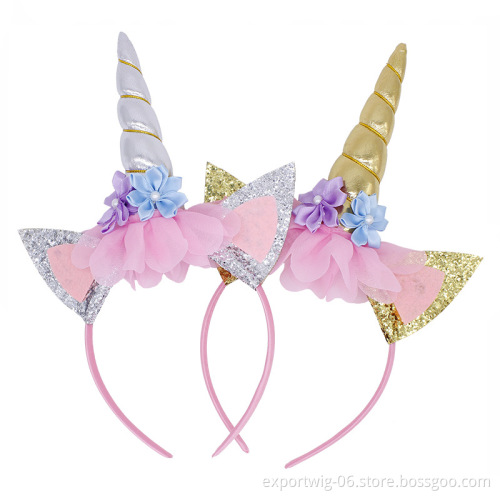 Handmade Kids Party Rainbow Unicorn Horn Headband for DIY Party Supplies Gold Glittery Headwear Flower Hairband